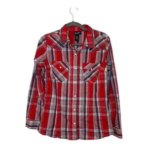 Wrangler Retro Women’s Western Snap Button Plaid Shirt Red Pink Gray – Size M